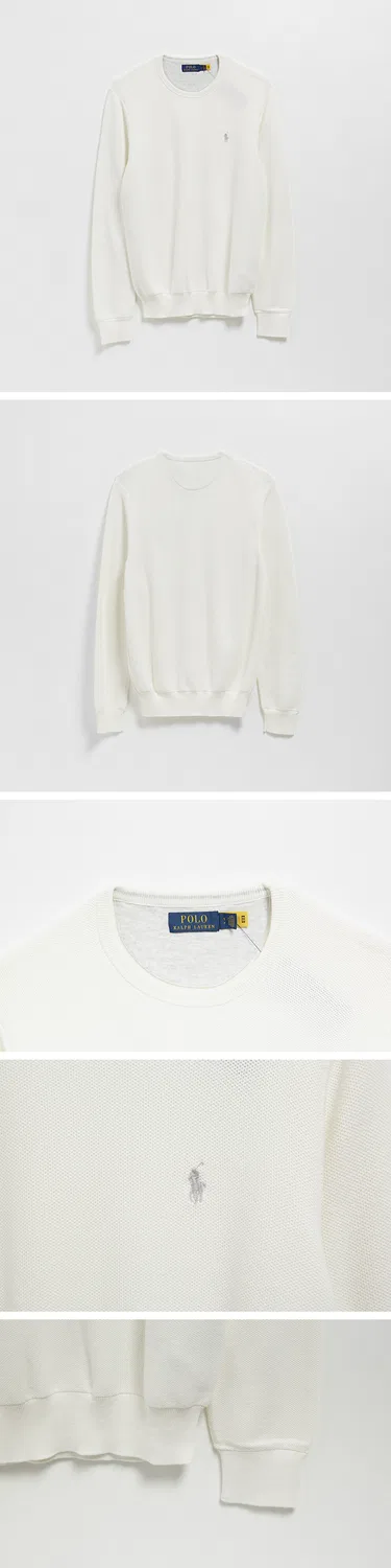 Мужской сетчатый вязаный свитшот Mesh Knit Cotton Crewneck, цвет айвори, от Polo Ralph Lauren — фото 3
