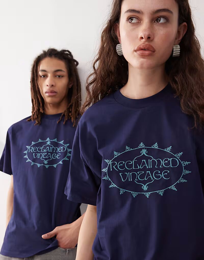 

Футболка унисекс свободного кроя темно-синего цвета с вышивкой Reclaimed Vintage