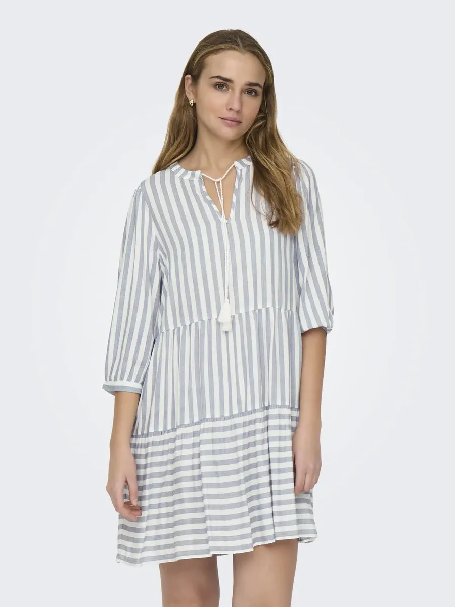 

Платье-туника ONLY "ONLKAYA 3/4 PUFF SHORT DRESS WVN NOOS", с воланом в стиле туники, цвет Cloud Dancer Stripes:Blue Stripe