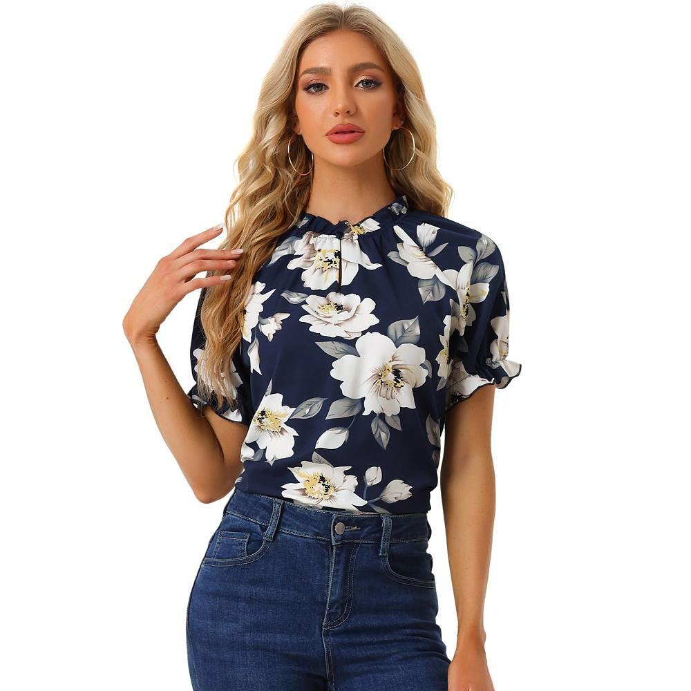 

Женские повседневные блузки с рюшами и короткими рукавами и рюшами с цветочным принтом ALLEGRA K, цвет Dark Blue