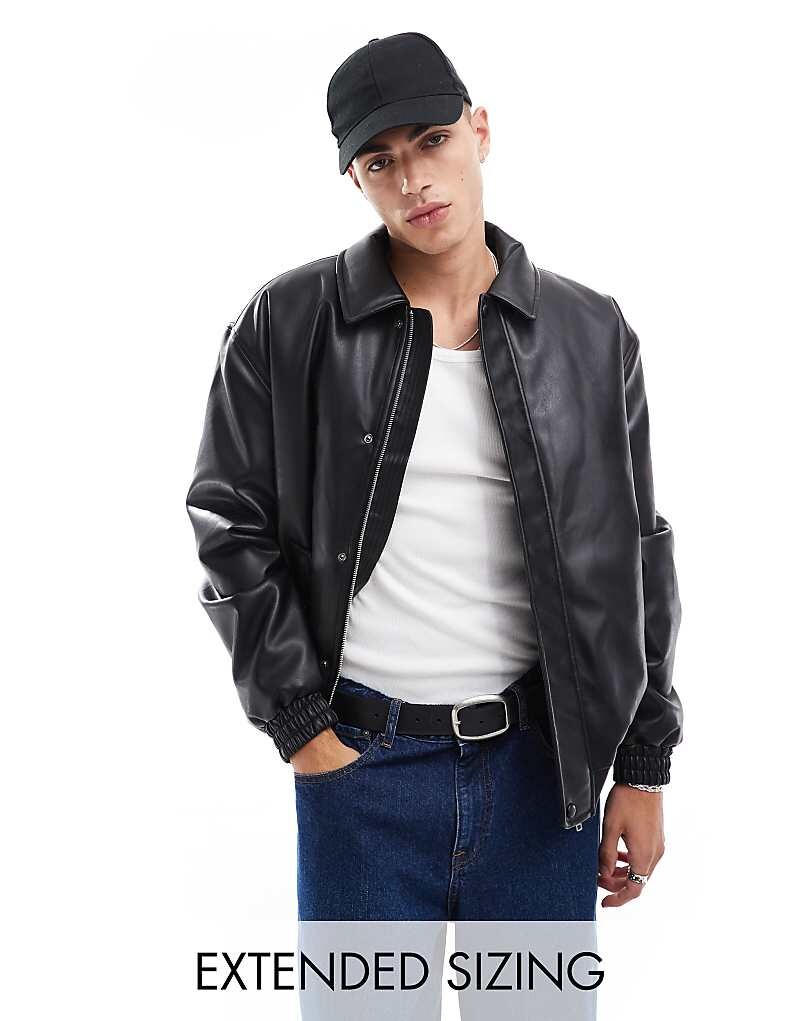 

Черная дутая куртка Харрингтон из искусственной кожи ASOS DESIGN