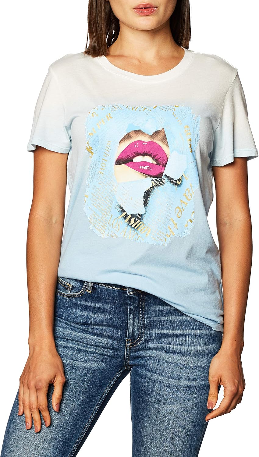 

GUESS Женская футболка с коротким рукавом и принтом губ, Bleached Blue Multi, Синий, GUESS Женская футболка с коротким рукавом и принтом губ, Bleached Blue Multi