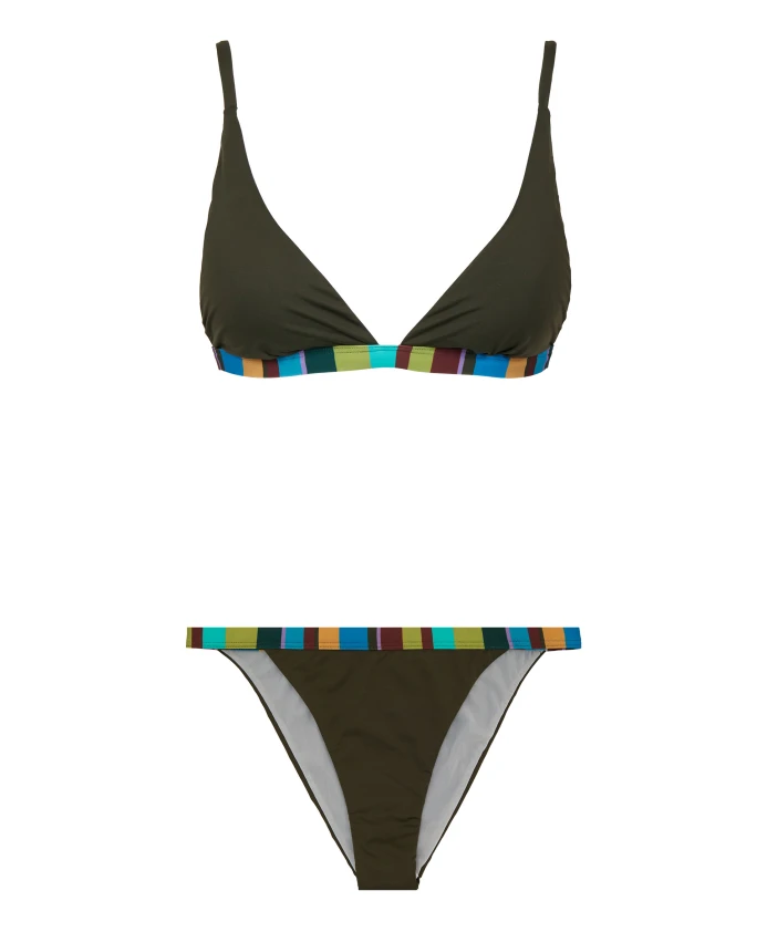 

Женский однотонный зеленый треугольный бикини с разноцветной полосатой отделкой Gallo, мультиколор