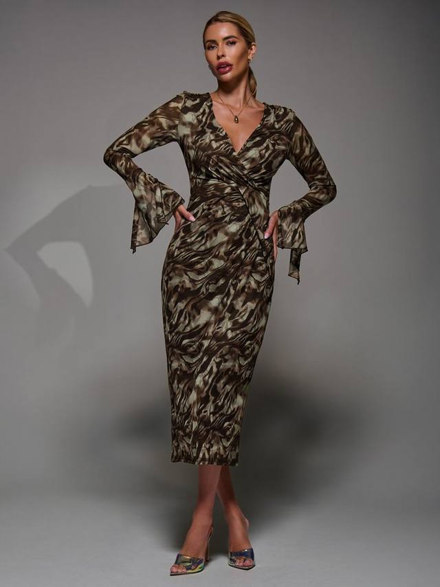 

Абстрактное платье-футляр с длинными рукавами и сетчатыми вставками Jolie Moi, Brown Abstract