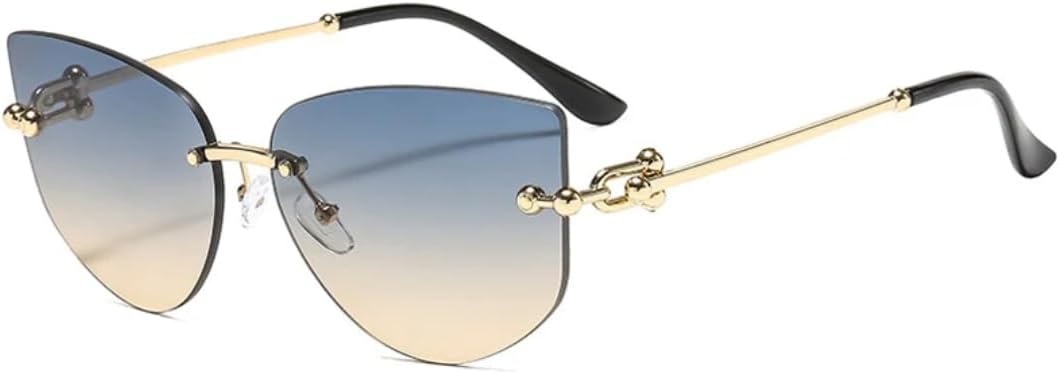 

Роскошные модные солнцезащитные очки без оправы в форме «кошачий глаз» для женщин и мужчин, для путешествий и вечеринок, с защитой от УФ-излучения UV400 TVTBBVV, Gold Blue Tea