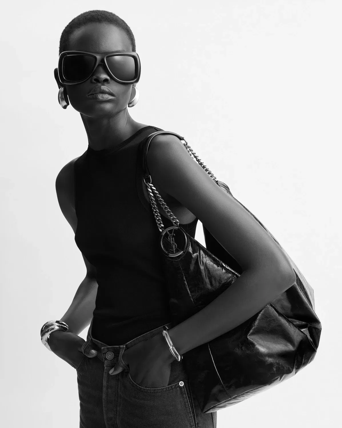 Сумка-хобо HORTENSE из блестящей кожи SAINT LAURENT, белый — фото 2
