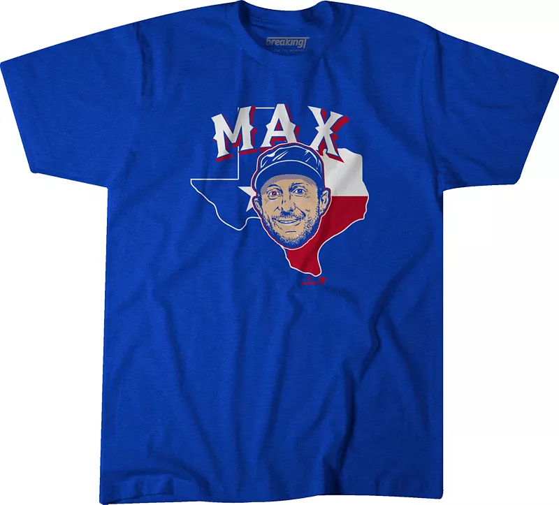 

BreakingT Мужская синяя футболка с графическим рисунком Texas Rangers Max Scherzer