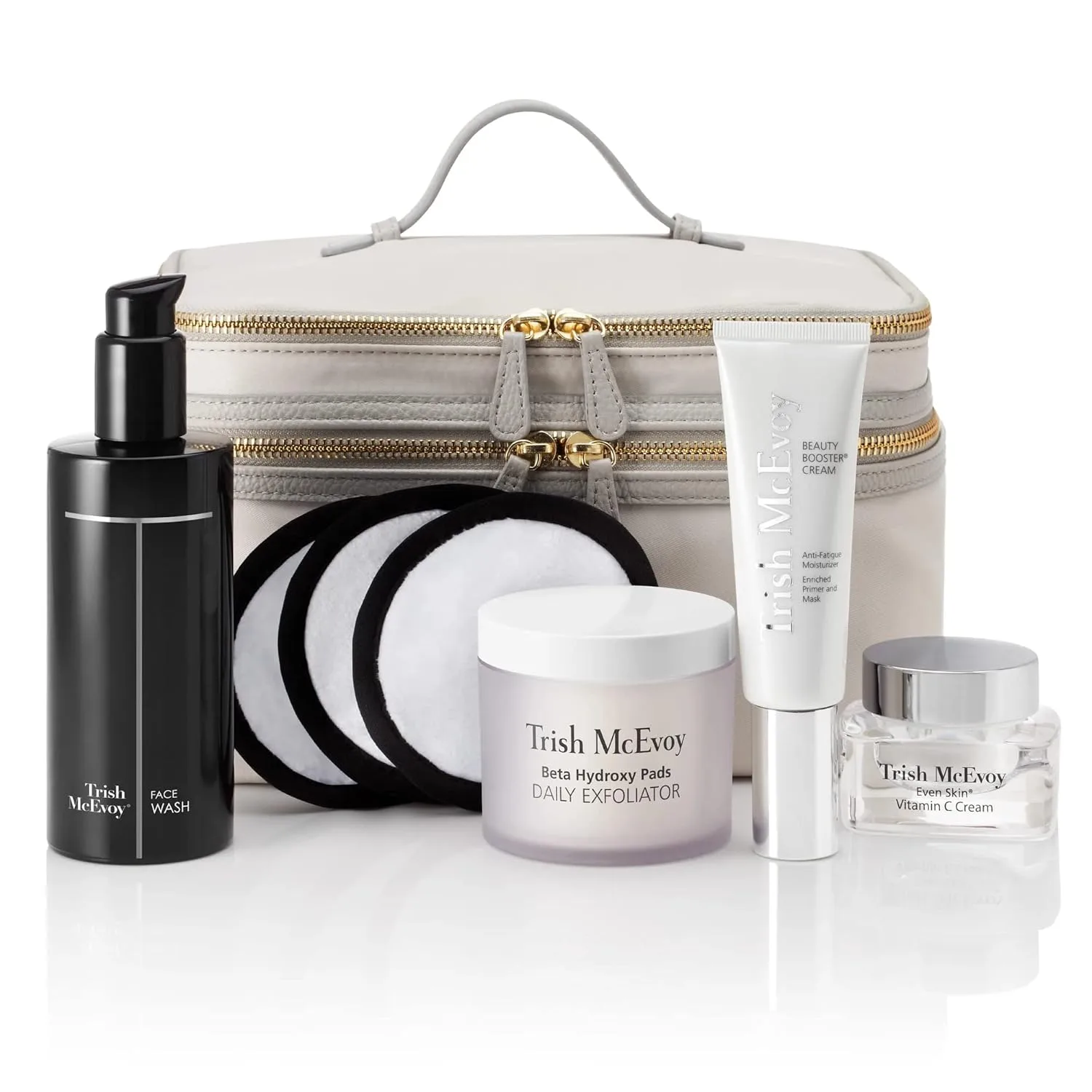Коллекция Trish McEvoy Power of Skincare Carpe Celebrate: гель для умывания, крем-бустер Beauty Booster, крем с витамином С, очищающие средства, гидроксиапатит.
