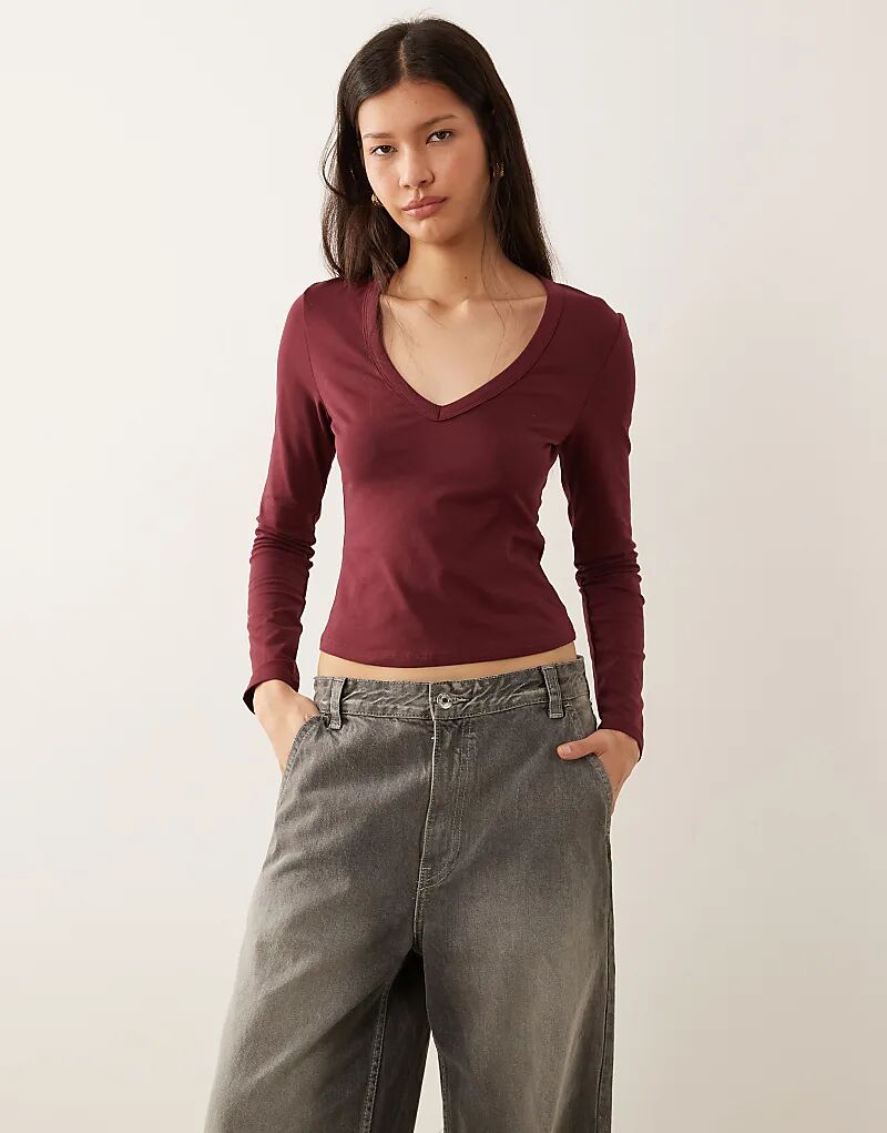 

Хлопковый лонгслив с длинными рукавами и V-образным вырезом ASOS DESIGN бордового цвета