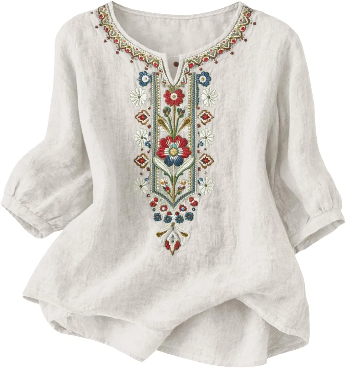Блуза с вышивкой, 3/4 рукав, хлопок/лен, 4-white