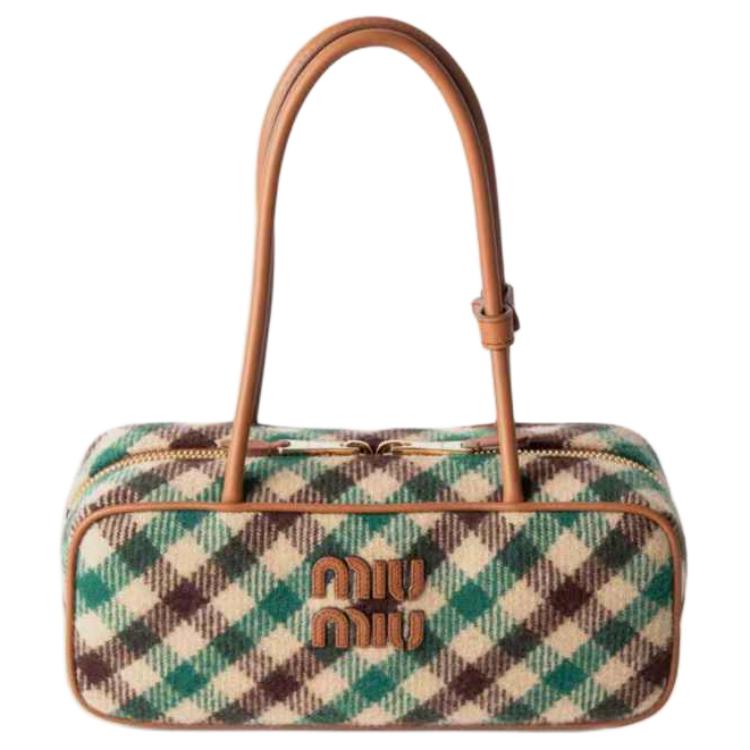 MIU MIU Кожаная наплечная сумка Beau Regular женская camel и green — фото 2
