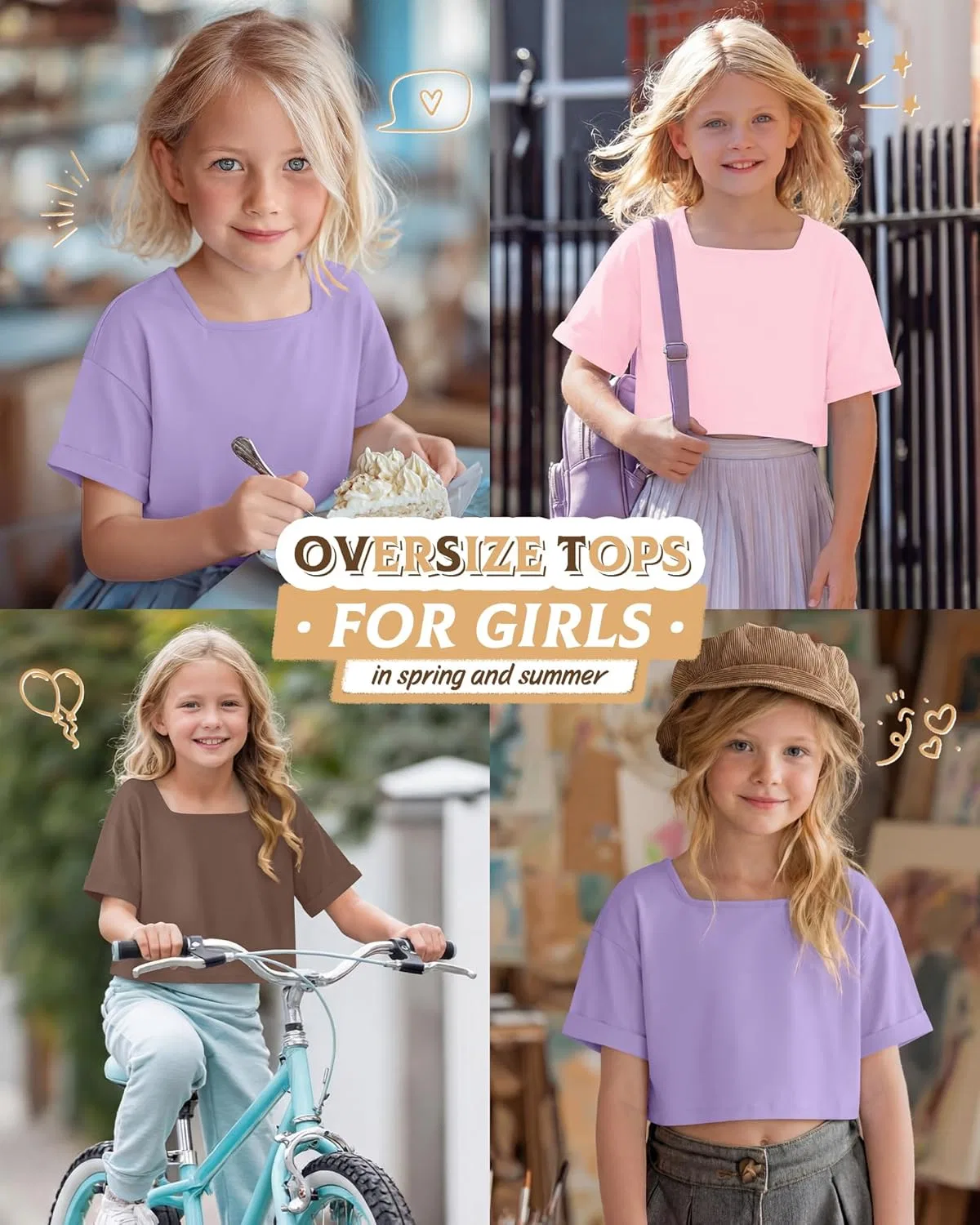 Комплект из 3 детских топов оверсайз с квадратным вырезом LessonZoo, Taro Purple, Light Pink, Mocha — фото 2