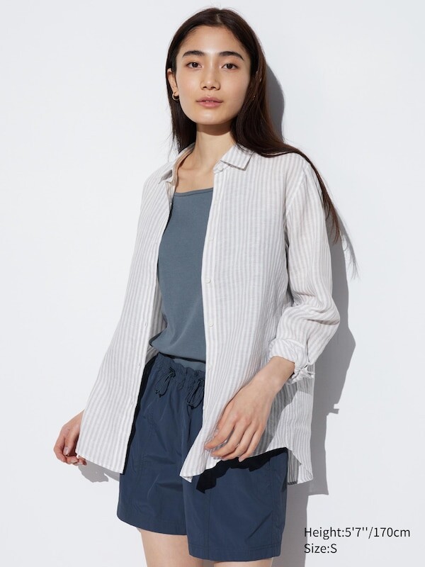 

Льняная рубашка премиум-класса в полоску Uniqlo, серый