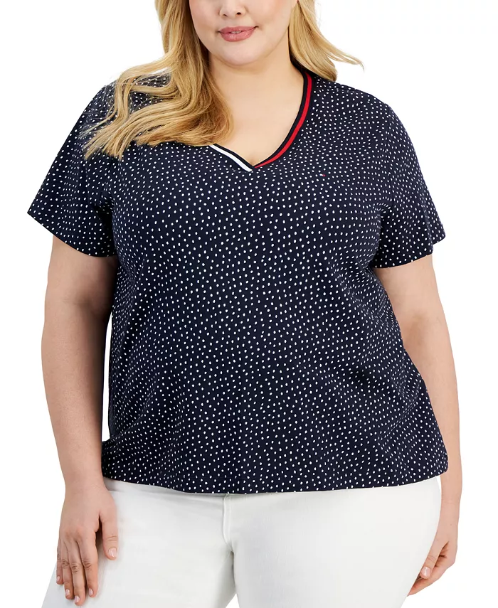 

Топ с V-образным вырезом и гороховым принтом Plus Size Tommy Hilfiger, синий