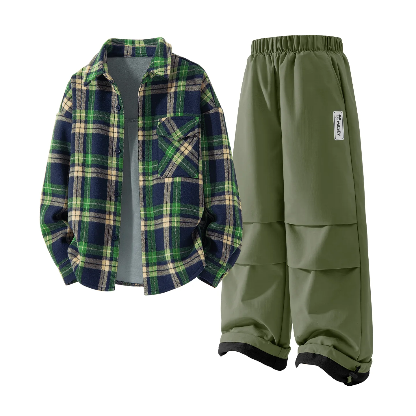 Детский спортивный костюм с воротником-стойкой на флисе Disney, [Thickened and Fleece-Lined]Solid Rum Brown Plaid+Mark H Square Hook-and-Loop K Army Green — фото 3