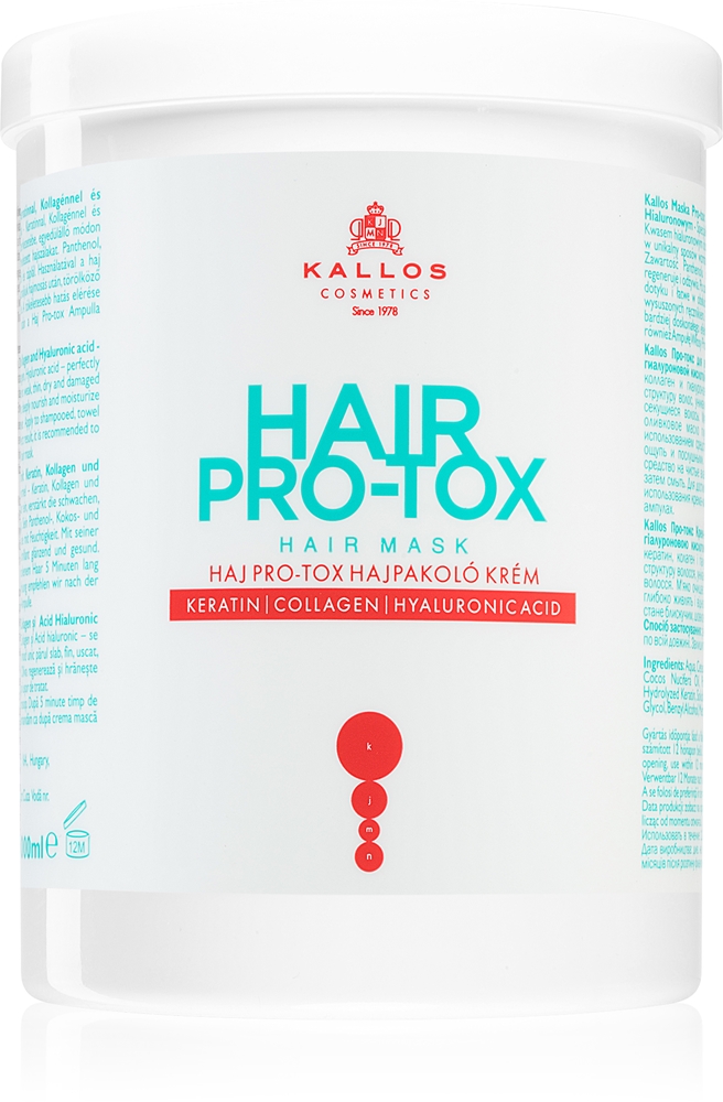 

Маска для волос Pro-Tox для тонких и поврежденных волос с кокосовым маслом, гиалуроновой кислотой и коллагеном Kallos, 1000 мл