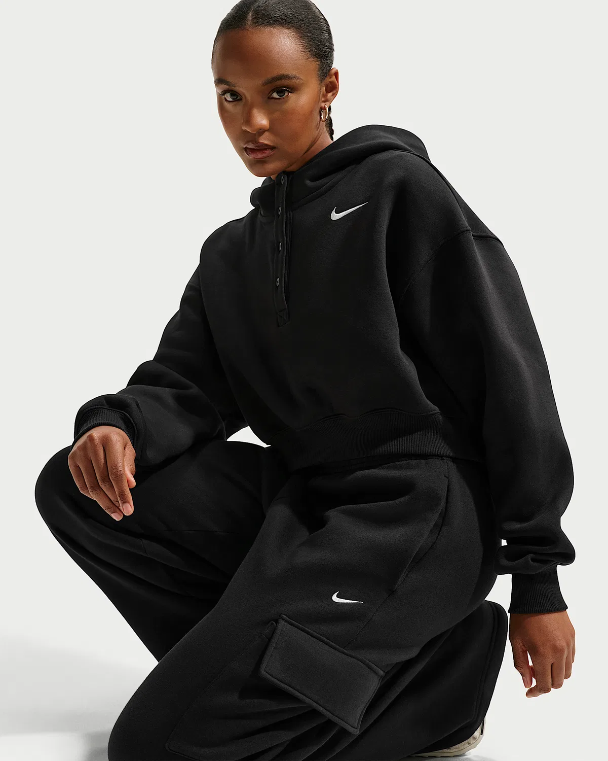 Женский оверсайз-кроп хенли худи Nike Sportswear Phoenix Fleece, Black/Sail — фото 3