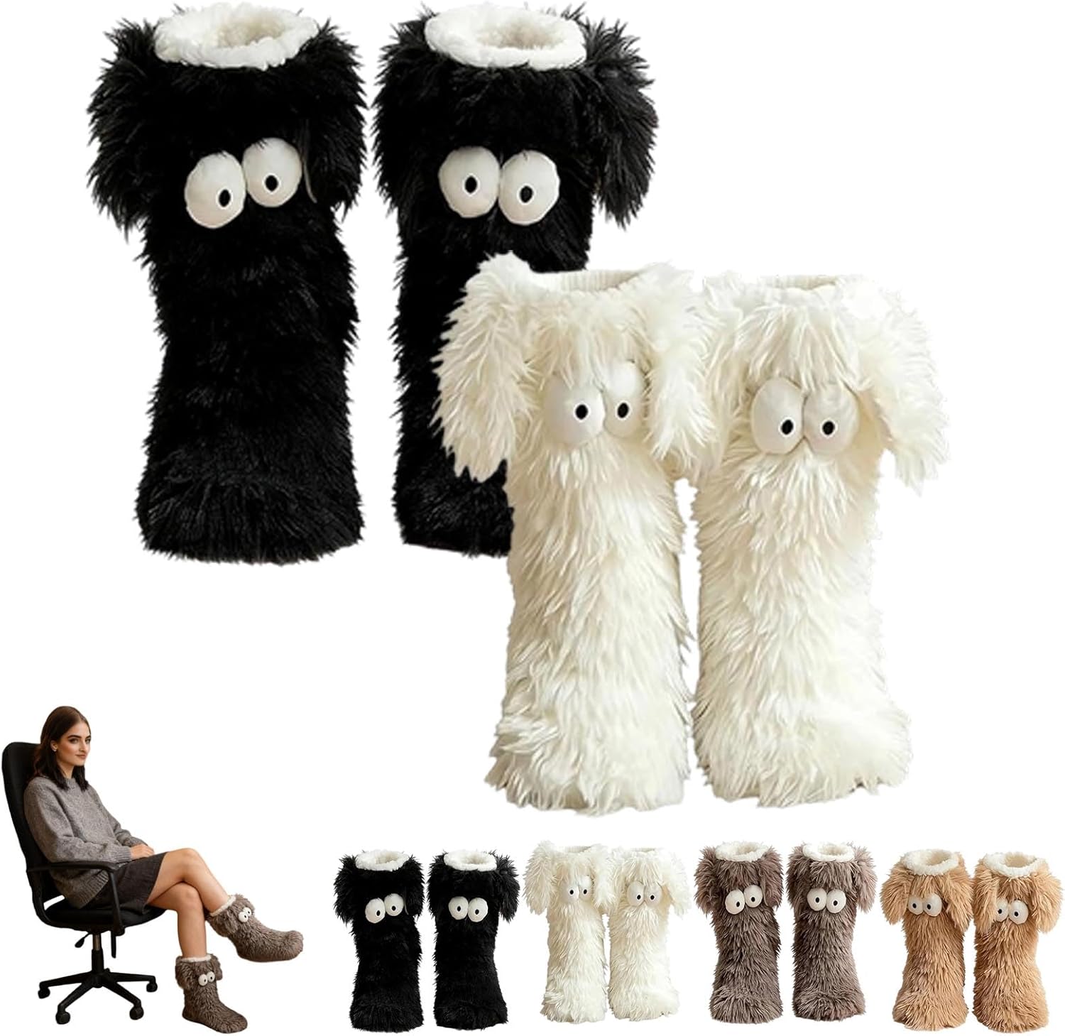 

Уютные носки, женские зимние теплые пушистые нескользящие носки-тапочки с ушками, милые объемные с большими глазами, из толстого флиса Generic, Set1