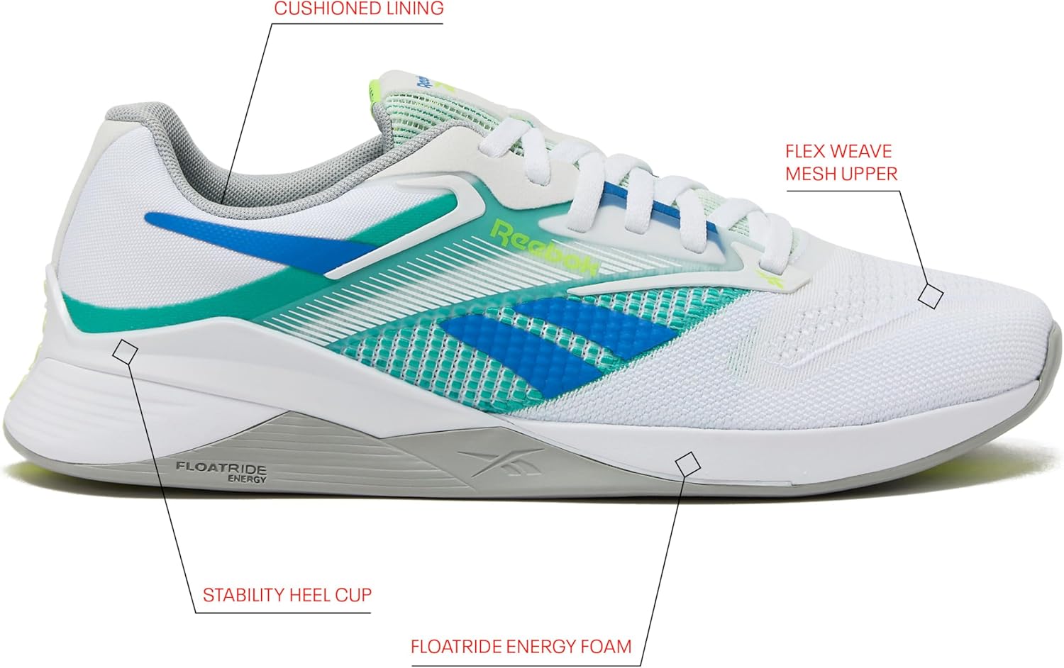 Мужские кроссовки Reebok Nano X4, для кросс-тренинга и занятий в спортзале, белый/зеленый/серый — фото 2