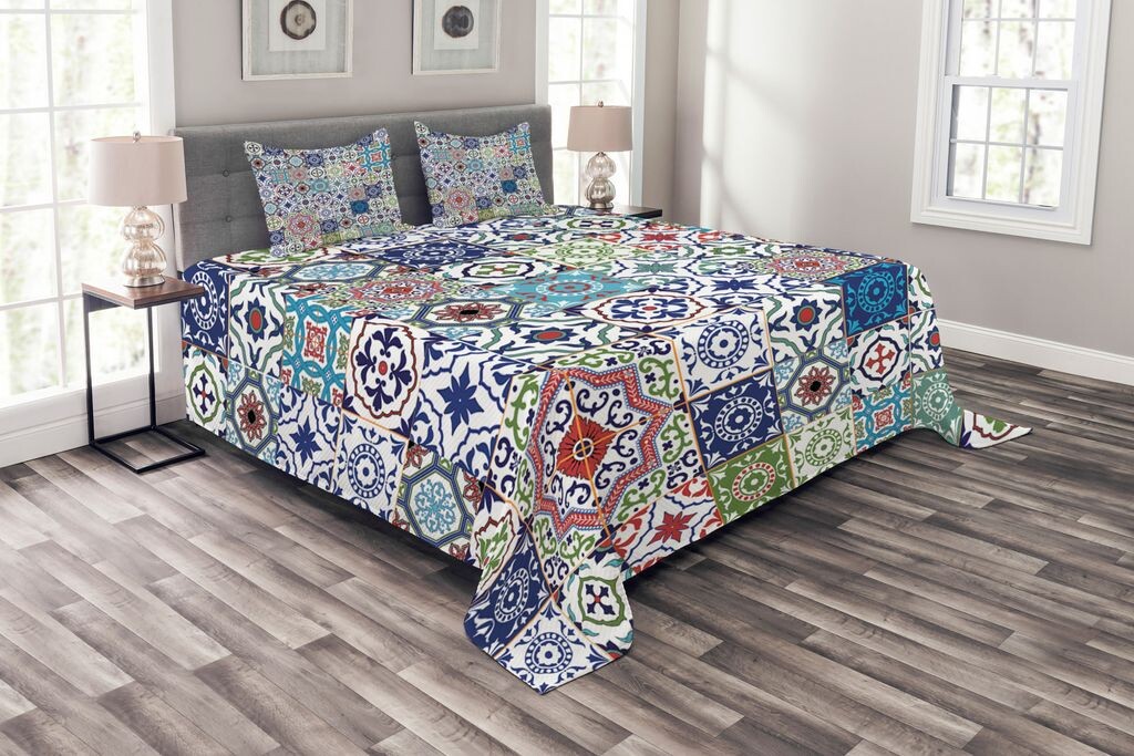 

ABAKUHAUS Комплект покрывала Boho, цветочные элементы, комплект со моющимися наволочками, для односпальных кроватей 264 х 220 см, разноцветный