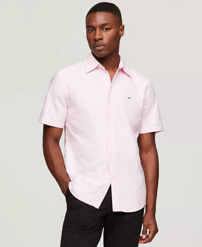 

Мужская хлопковая рубашка Oxford с коротким рукавом в клетку Heritage Gingham Tommy Hilfiger, розовый