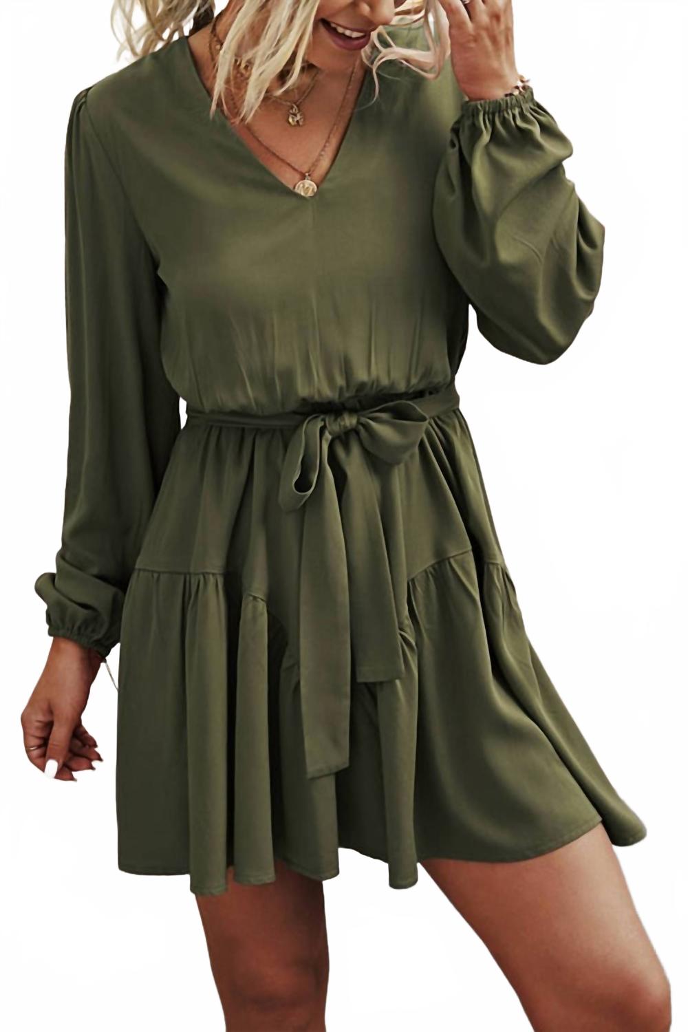 

ELook Платье с длинными рукавами и поясом, оливкового цвета