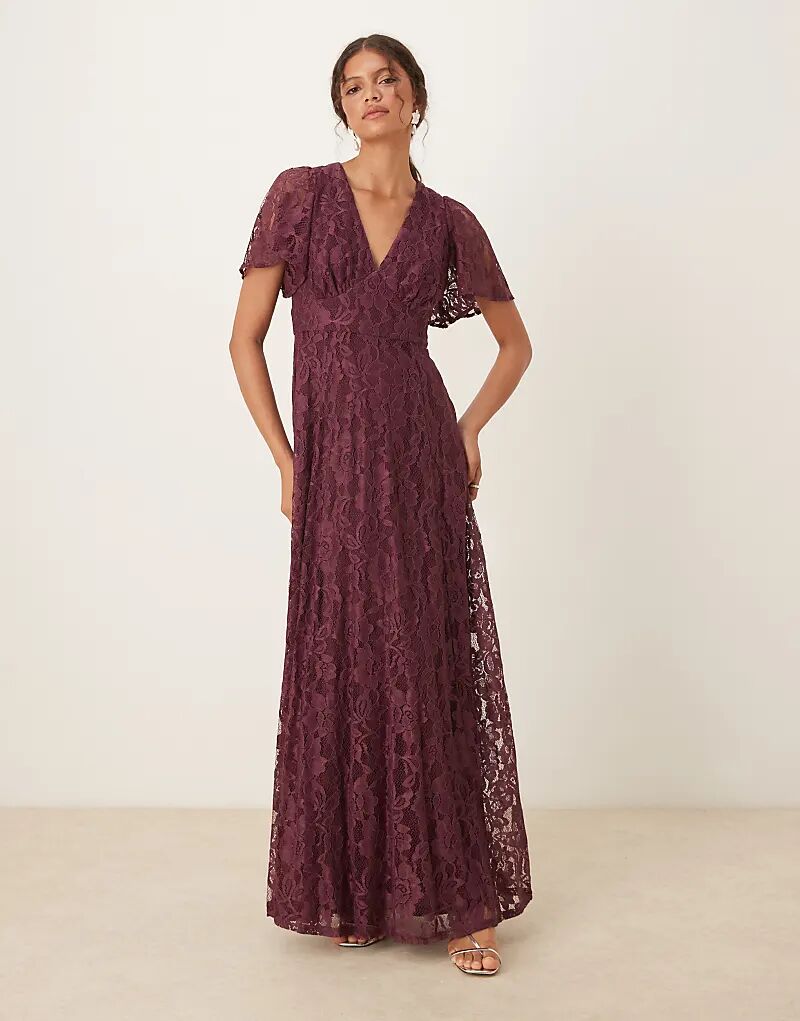 

Платье макси Maya Lace с V-образным вырезом и рукавами-ангелочками ягодного цвета