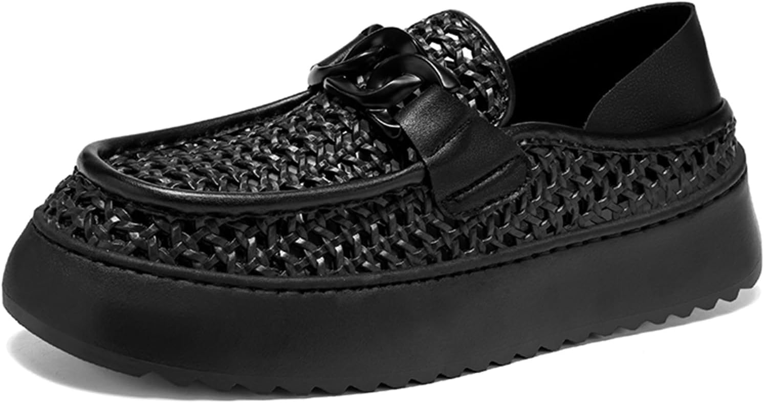 

Мужские дышащие плетеные кожаные лоферы на платформе с закрытым круглым носком, низкие туфли с массивным каблуком, повседневные мокасины, лодочные туфли для офиса, вечеринок, официальных событий и свадеб Tixewsjh, черный