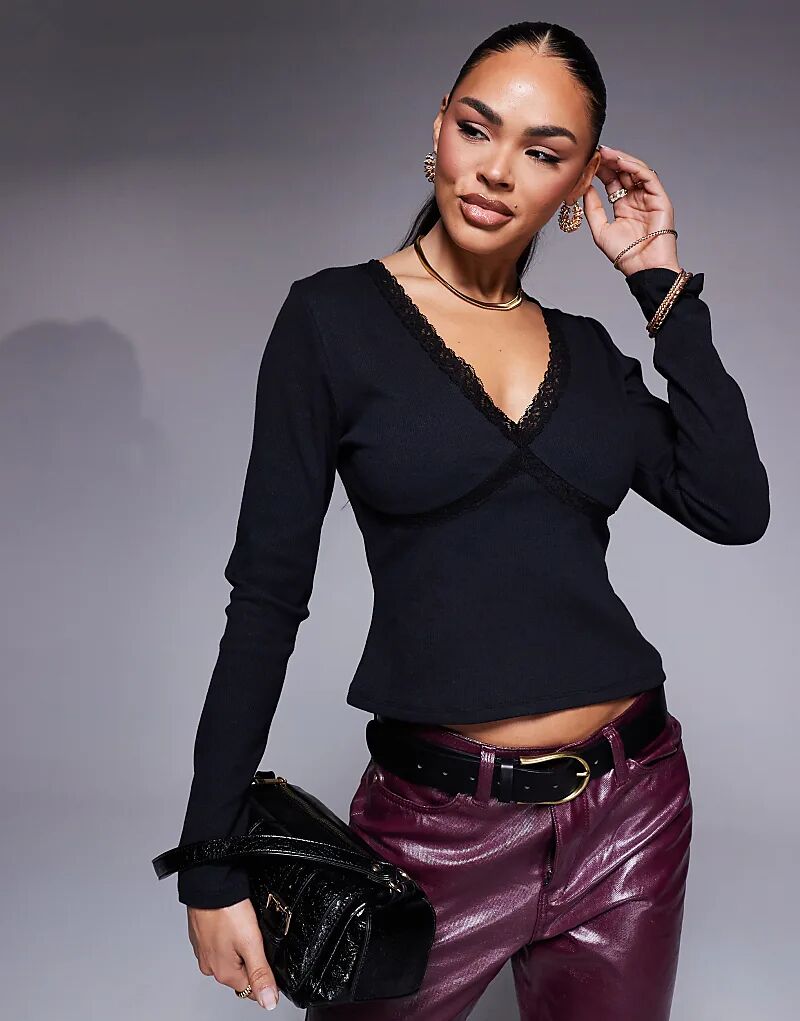 

Топ с длинными рукавами и кружевной отделкой черного цвета ASOS DESIGN