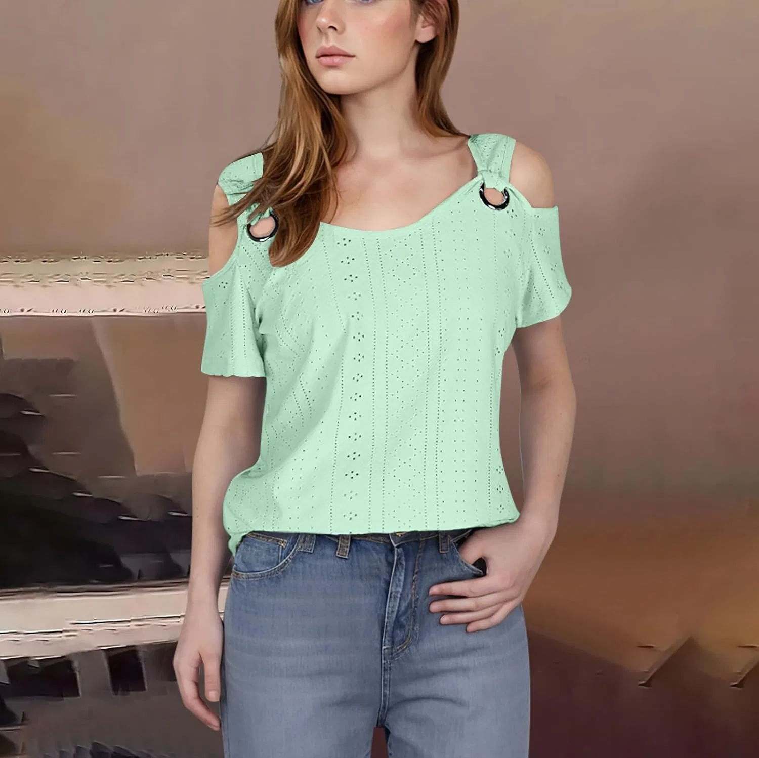 Блуза с открытыми плечами, женская, с вышивкой, Mint Green — фото 2
