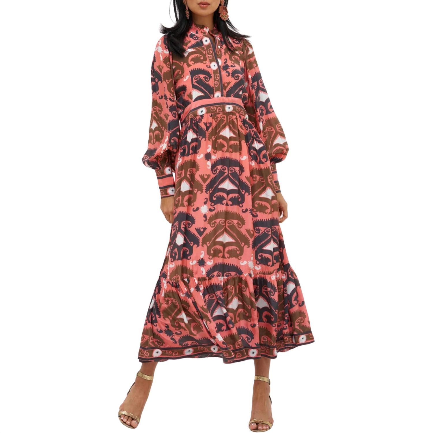 

Узбекское платье-рубашка макси в коралловом цвете Oliphant