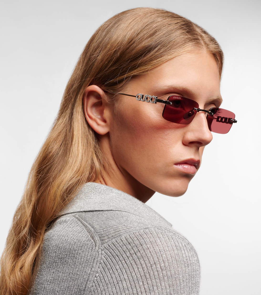 Прямоугольные солнцезащитные очки с логотипом Gucci, Silver-Silver-Red — фото 3