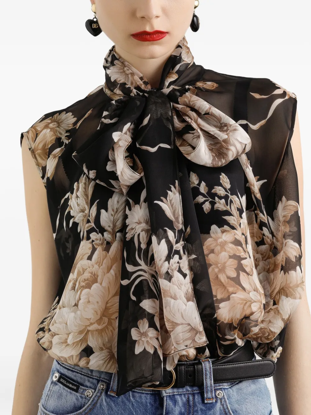 Шифоновый топ с цветочным принтом DOLCE & GABBANA, черный — фото 4