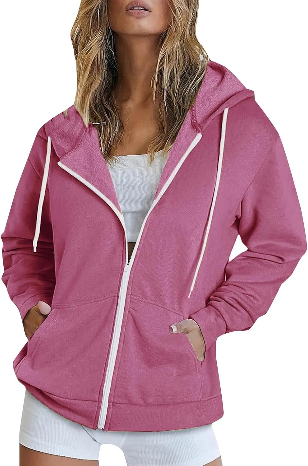 Худи женское с капюшоном на молнии, Casual, Hotpink
