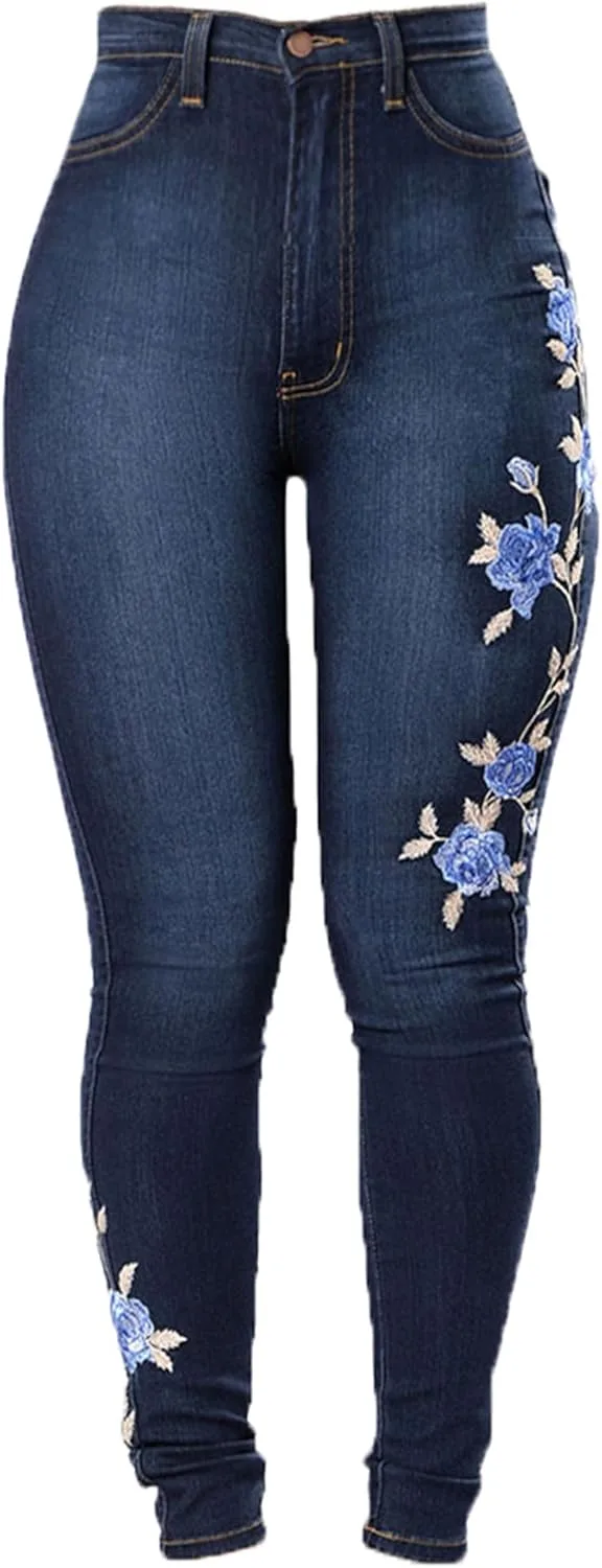 

Andongnywell женские джинсы скинни с цветочной вышивкой и высокой посадкой