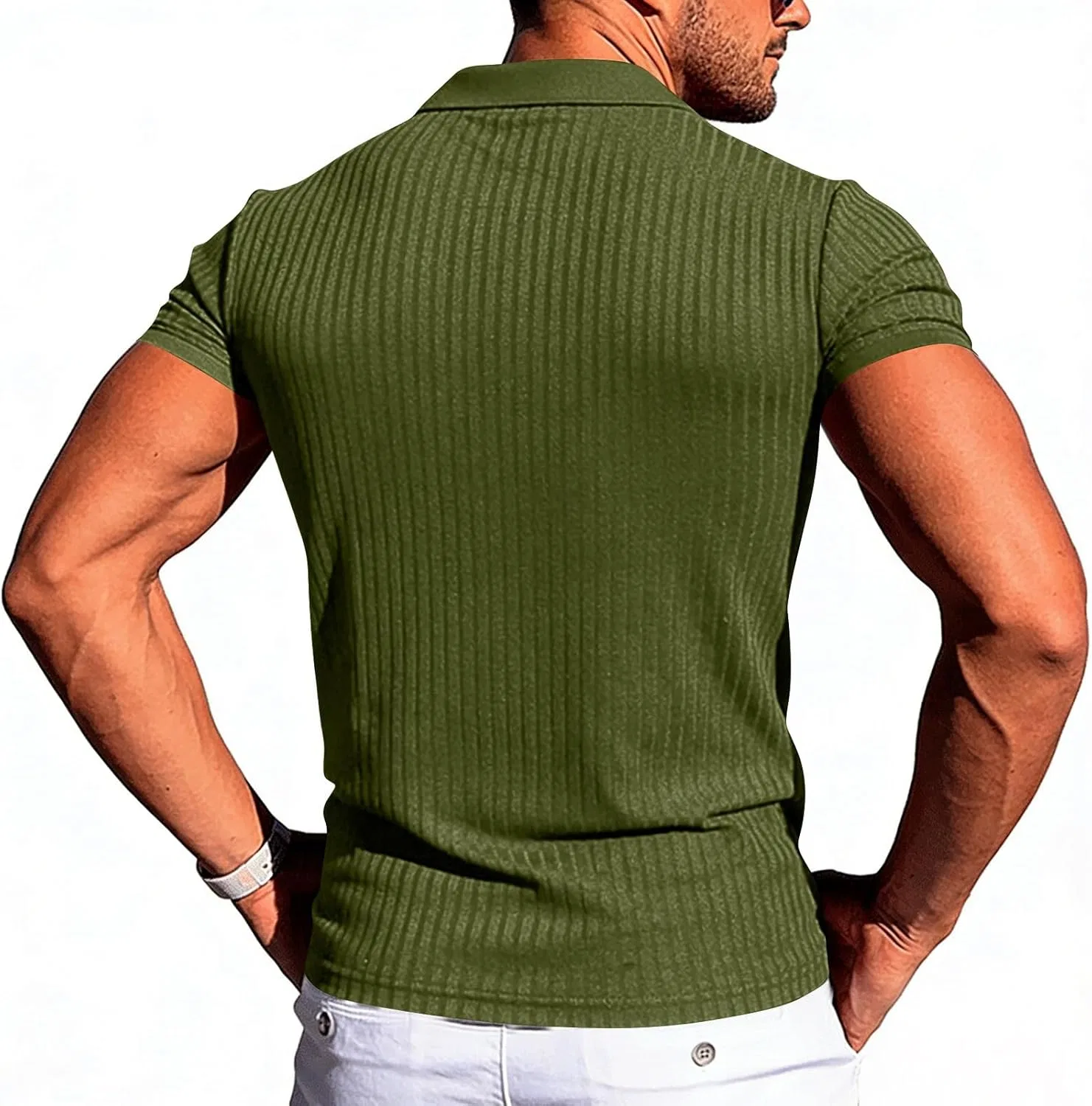 Мужское поло Slim Fit с вертикальными полосками, Generic, Army Green — фото 2