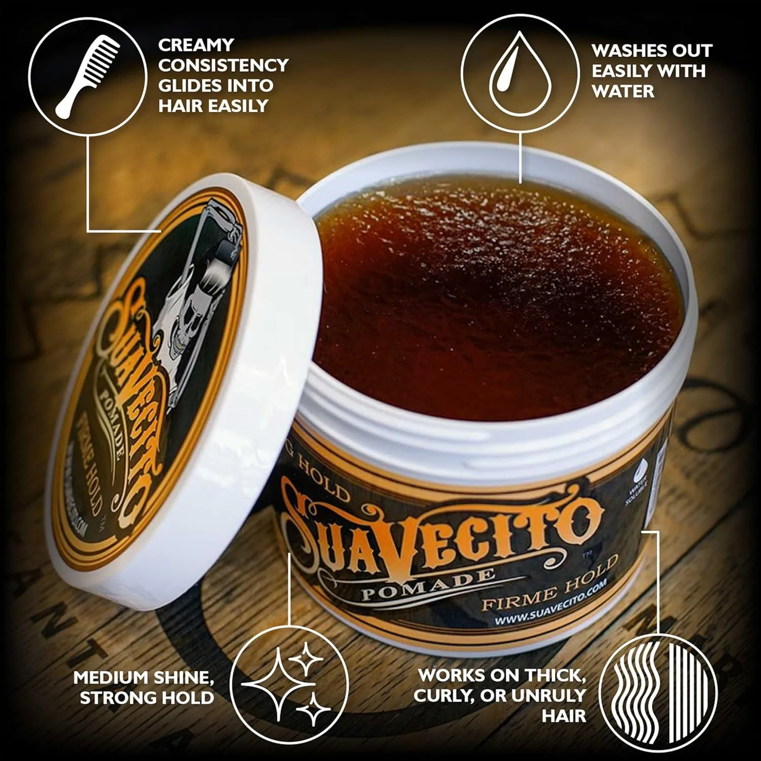 Suavecito Strong Hold Hair Pomade для мужчин, 32 унции (907 г) - воск на водной основе со средним блеском, без хлопьев, легко смывается, держит весь день для любых причесок 907.20 г (1 шт.) — фото 3