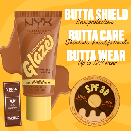 Маска для лица Nyx Professional Makeup — Осветляющая и тонизирующая жидкость spf 30 Buttermelt Glaze, Chai Butta, 30 мл — фото 4