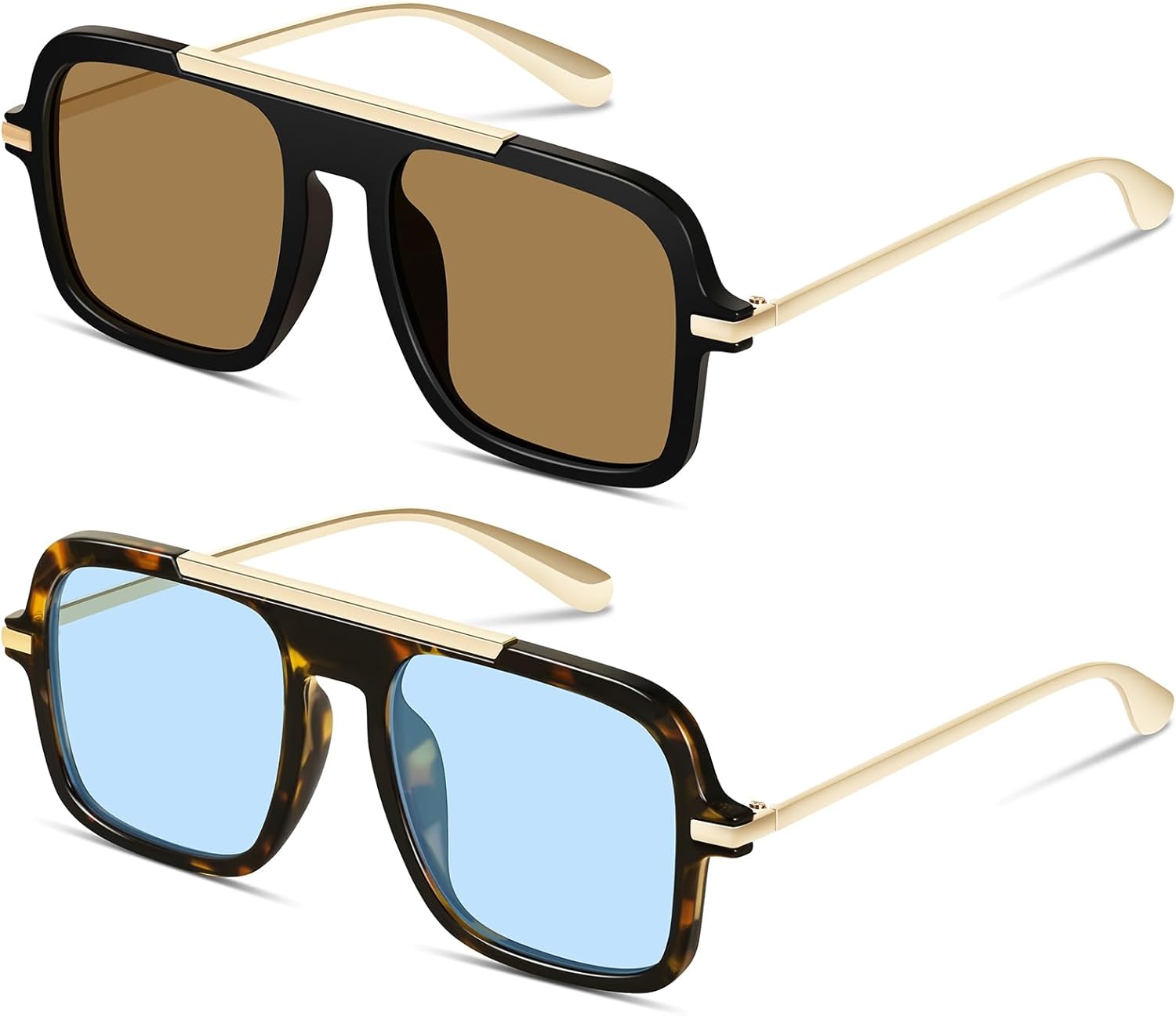 

Модные солнцезащитные очки-авиаторы для женщин и мужчин, ретро-квадратные, в стиле 70-х, винтажные, металлические, дизайнерские, с защитой от УФ-излучения YMRFW, 2pack (Black/Brown+tortoise/Light Blue)