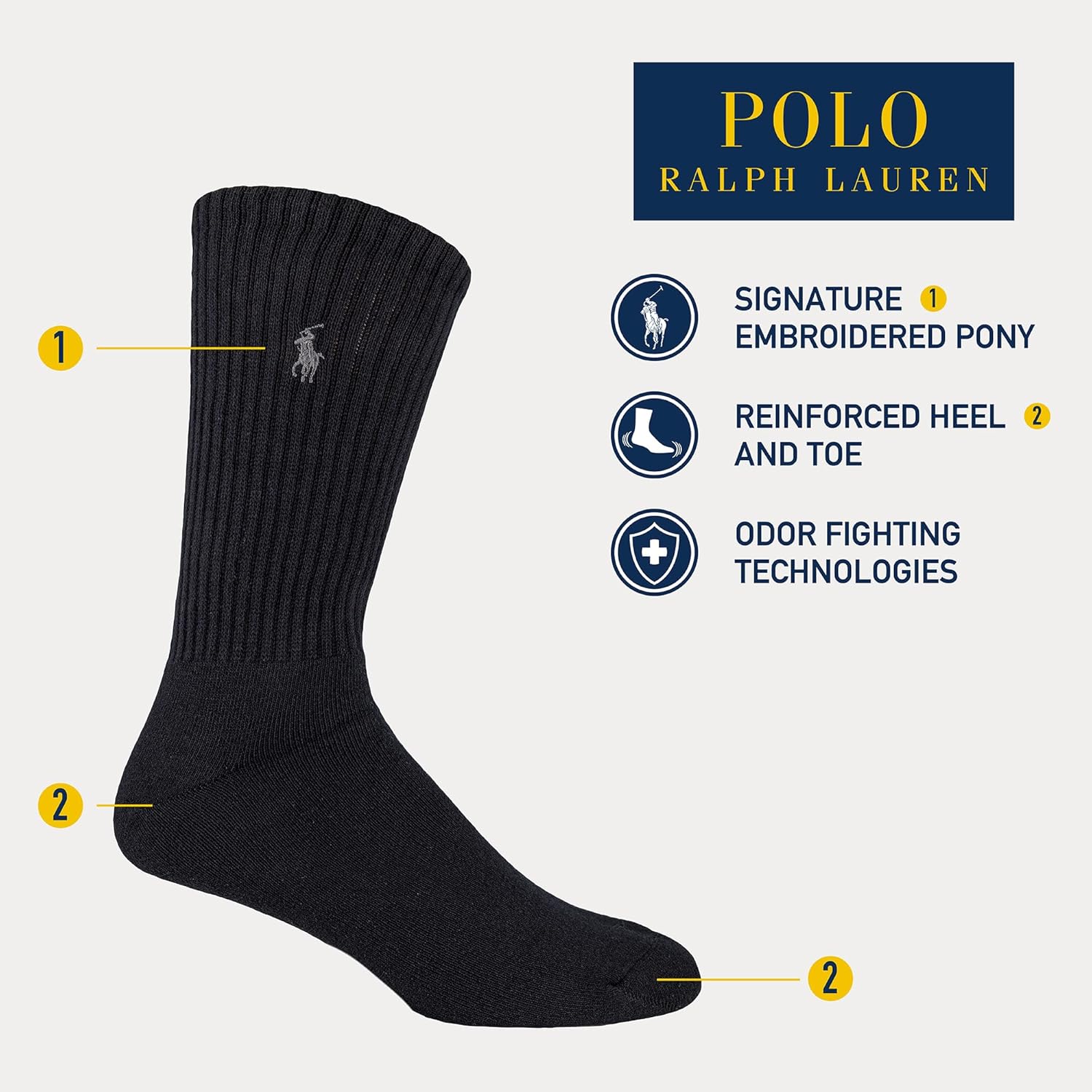 Polo Ralph Lauren мужские ребристые повседневные носки-гольф - набор из 3 пар - хлопковый комфорт и усиление в области пятки и носка, Black — фото 2