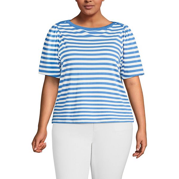 

Футболка с коротким рукавом из хлопка супима с лодочкой, plus size Lands' End, Cobalt Even Stripe
