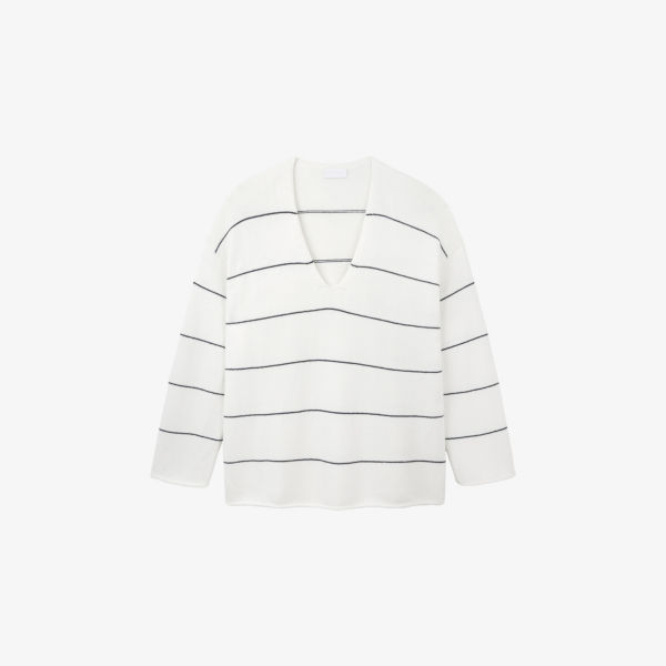 

Джемпер The White Company из хлопка и шерсти полосатый оверсайз, фарфор