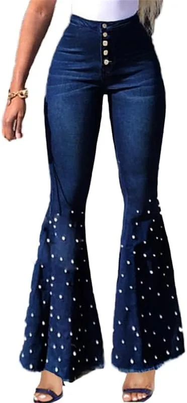

Andongnywell женские джинсы-клеш с заклепками и жемчужной вышивкой