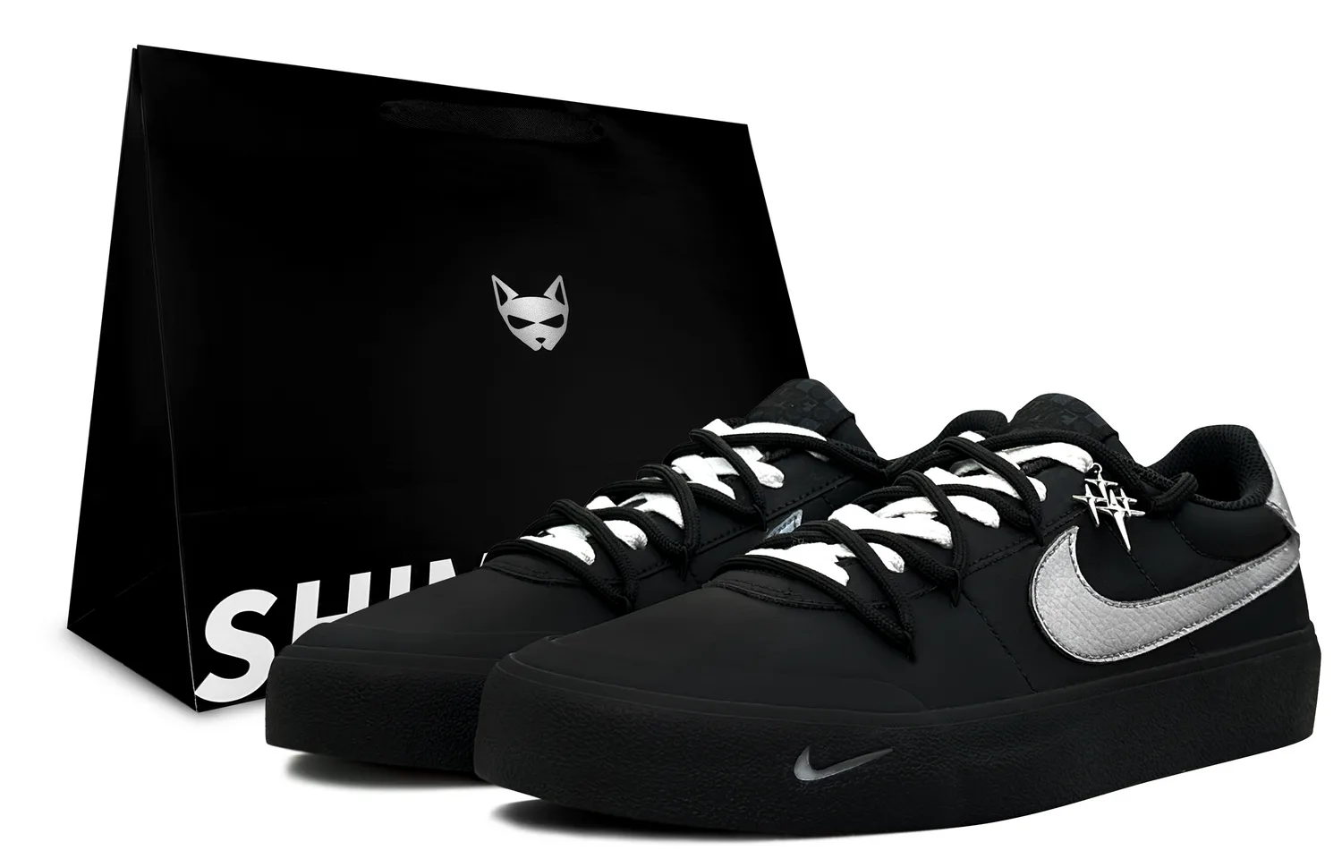 Nike Кроссовки для скейтбординга мужские Court Shot Divergent Electromagnetic Wave, Shimmery Cat Low top черные серебристые