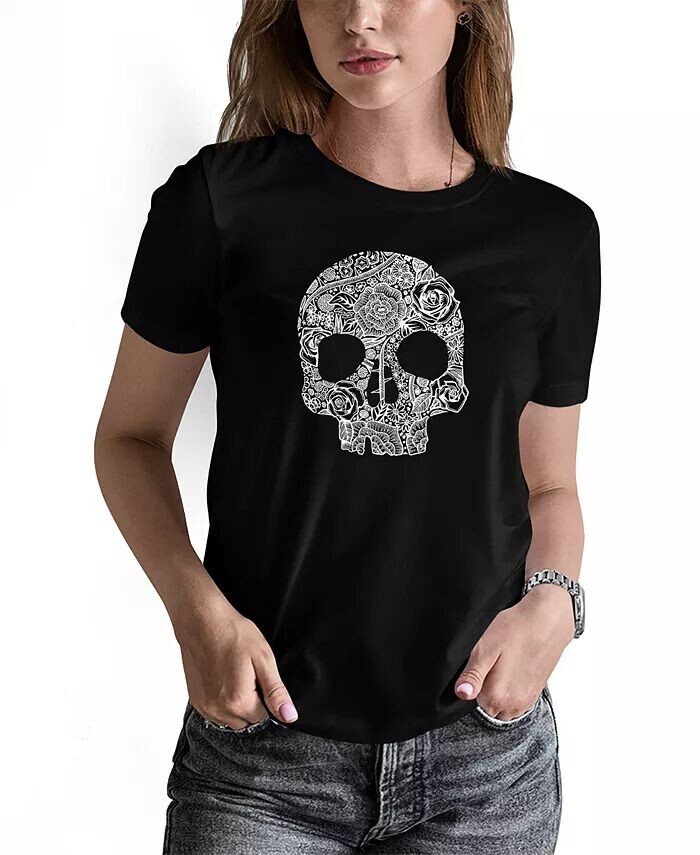 

Женская футболка с коротким рукавом и принтом Word Art Flower Skull LA Pop Art, черный