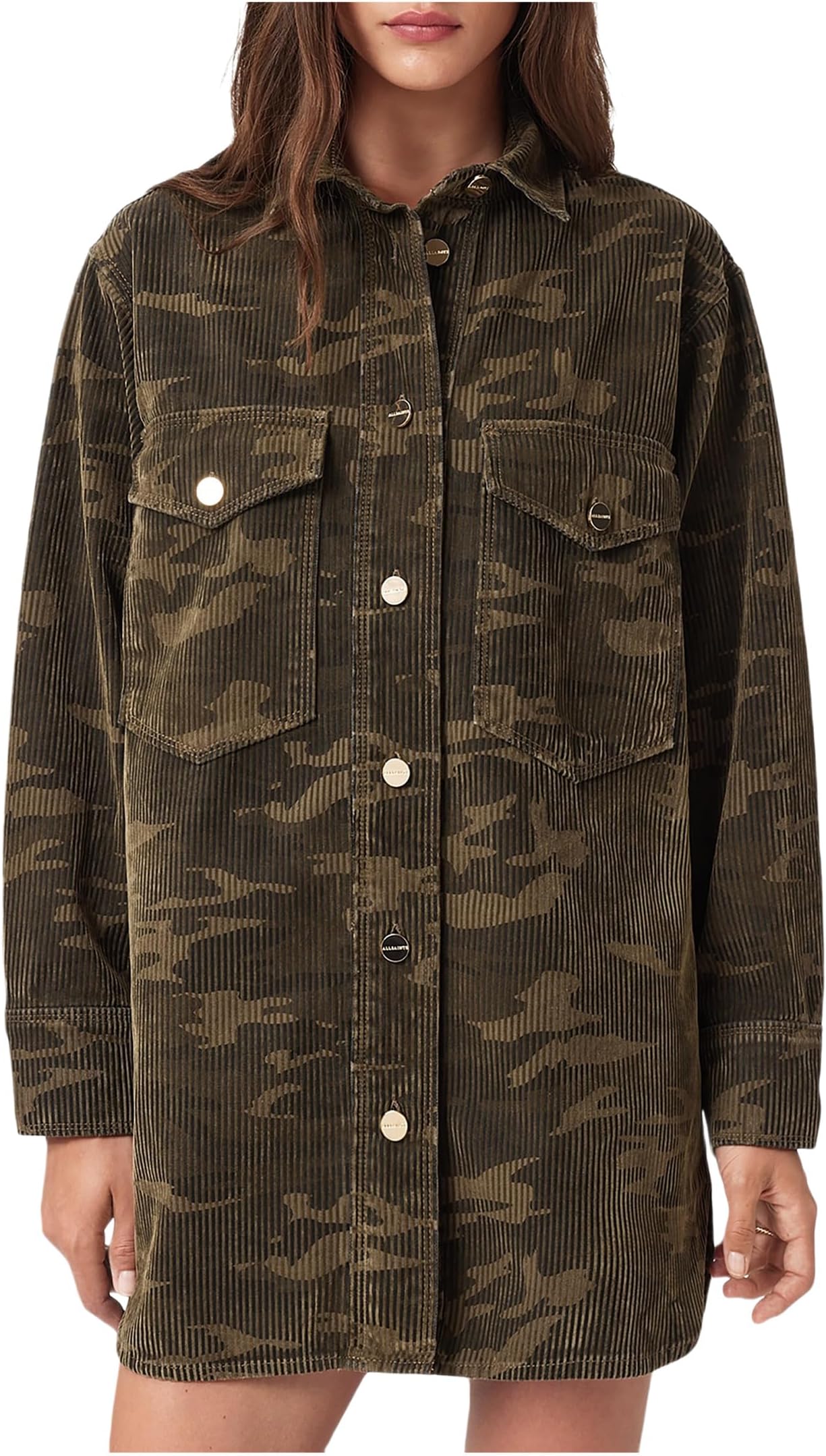 

Платье AllSaints Faye Flocked Dress, цвет Camo Green