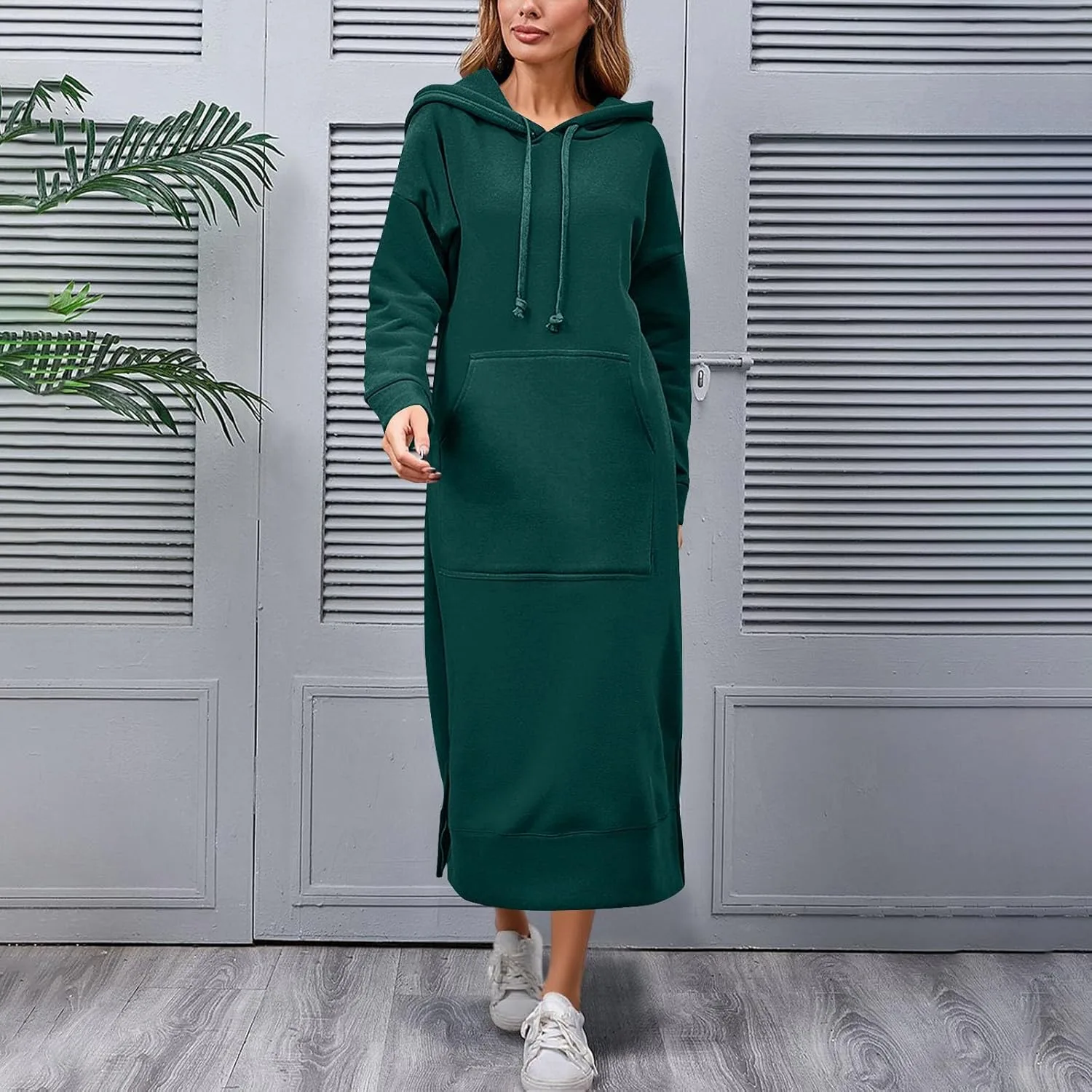 Женское длинное платье-худи с рукавами, плюс сайз, флисовый пуловер, повседневное, с разрезами по бокам и карманом Generic, Green#0 — фото 3