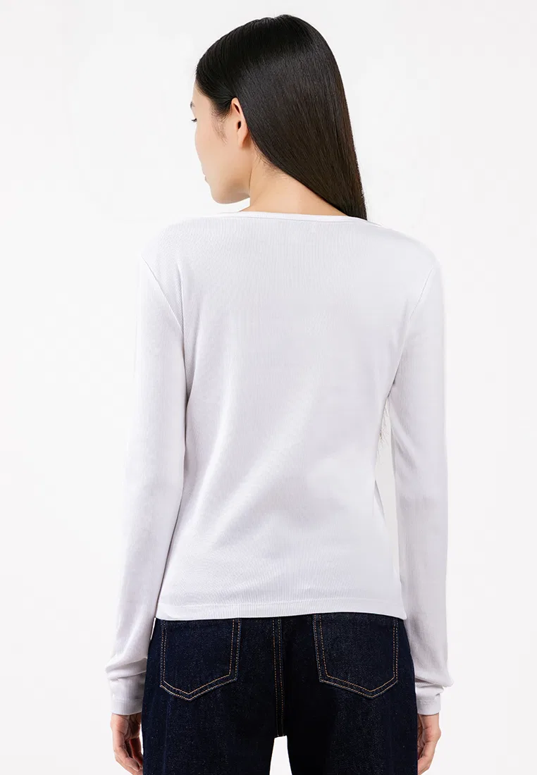 Топ с длинным рукавом, V-образный вырез, риб, Calvin Klein Jeans, белый — фото 2