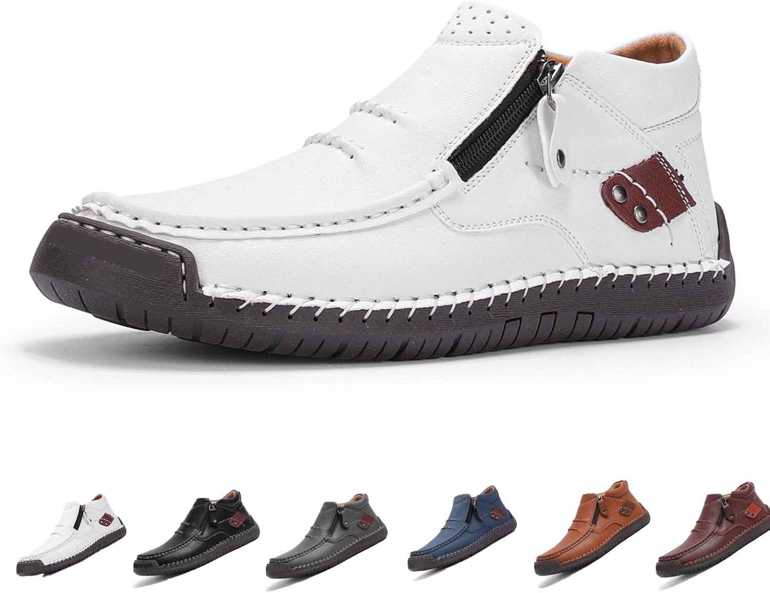 

Мужские ортопедические кожаные слипоны ручной работы, водонепроницаемые ботинки с широкой носочной частью, боковой молнией, противоскользящей плоской подошвой, легкие прогулочные лоферы Generic, белый