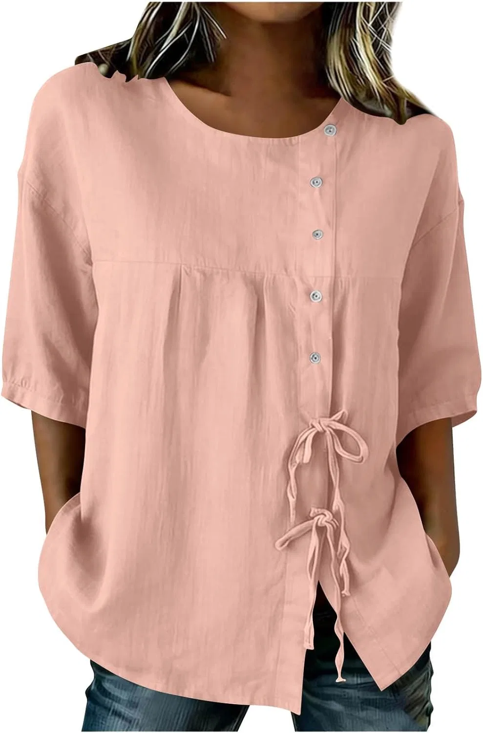 Женская блуза с завязкой бантом, Cotton Linen, 3/4 рукав, Pink